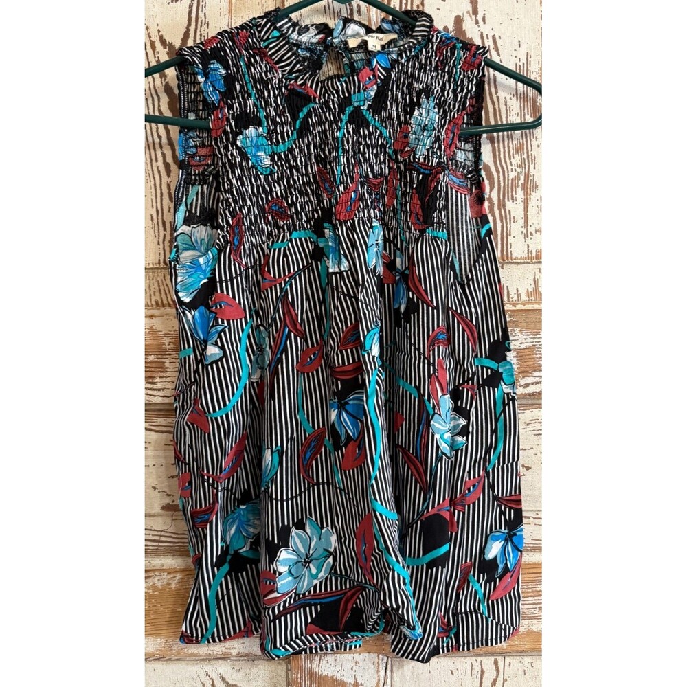 Purple Rain Boho Smocked Floral Rayon Sleeveless Top - Black Multi - Small